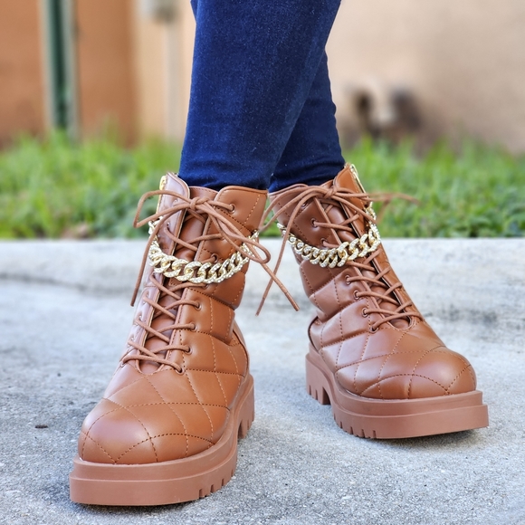 Womens Chunky Block Heel Ankle Combat Boots Brown Color - Picture 4 of 6